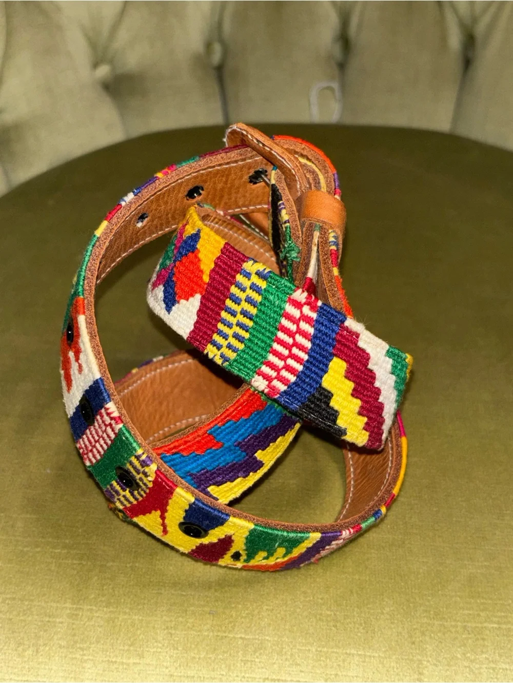 VTG Guatemalan Multicolor Hand Woven Handmade Leather Belt Unisex 36 Boho Hippie